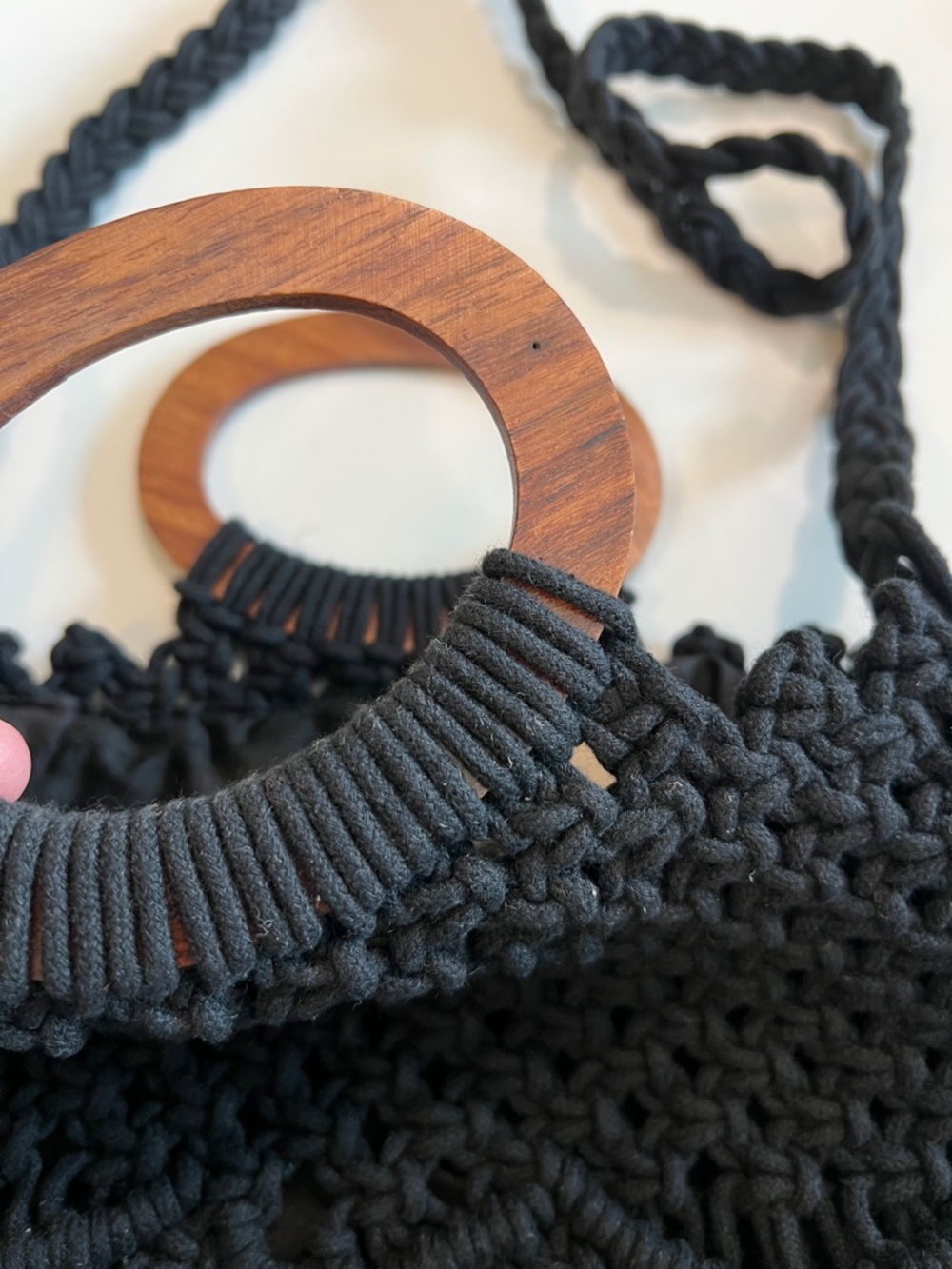 Danielle Nicole - Handwoven Black‎ Macramé Fringe Tote with Wooden Handles - Picture 3 of 3
